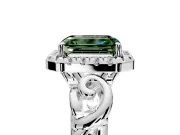 Halo Engagement Ring Setting for Fancy Green Emerald Cut Center with Open Scroll Shoulders and Prong Head in Platinum