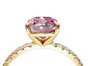 Solitaire Engagement Ring Setting for Fancy Pink Cushion Cut Center with Fine Pave Narrow Band and Prong Head in Yellow Gold