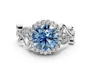 Halo Engagement Ring Setting for Fancy Blue Round Cut Center with Leaf Motif Split Shank and Prong Head in Sterling Silver