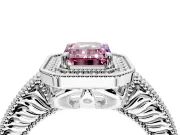 Milgrain Halo Engagement Ring Setting for Fancy Pink Emerald Cut Center with Pave Band and Prong Head in Platinum