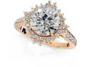 Sunburst Halo Engagement Ring Setting for Round Cut Center with Pave Band and Prong Head in Rose Gold