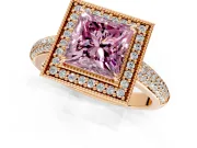 Milgrain Halo Engagement Ring Setting for Fancy Pink Princess Cut Center with Three-Sided Pave Band and Prong Head in Rose Gold