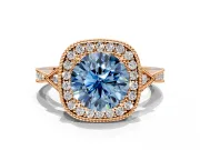 Halo Engagement Ring Setting for Fancy Blue Round Cut Center with Milgrain Rim, Pave Band and Prong Head in Rose Gold