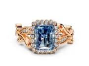 Halo Engagement Ring Setting for Fancy Blue Radiant Cut Center with Leaf Motif Split Shank and Prong Head in Rose Gold