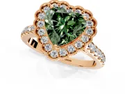 Milgrain Floral Halo Engagement Ring Setting for Fancy Green Heart-Shaped Center with Pave Band and Prong Head in Rose Gold