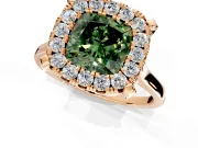 Single Halo Engagement Ring Setting for Fancy Green Cushion Cut Center with Corner Claws, Plain Band and Prong Head in Rose Gold