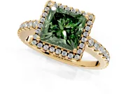 Accent Halo Engagement Ring Setting for Fancy Green Princess Cut Center with Full-Length Pave Band and Prong Head in Yellow Gold