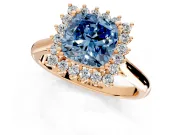 Starburst Halo Engagement Ring Setting for Fancy Blue Cushion Cut Center with Thin Round-Wire Band and Prong Head in Rose Gold