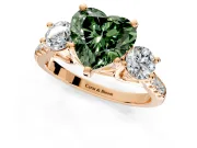 3 Stone Engagement Ring Setting for Fancy Green Heart-Shaped Center with Crossover Basket, Pave Band and Prong Head in Rose Gold