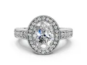 Milgrain Halo Engagement Ring Setting for Oval Center with Pave Band and Prong Head in Platinum