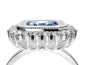 Halo Engagement Ring Setting for Fancy Blue Asscher Cut Center with Milgrain Bezel Rim, Plain Band and Prong Head in Sterling Silver