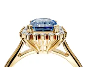 Starburst Halo Engagement Ring Setting for Fancy Blue Radiant Cut Center with Thin Round-Wire Band and Prong Head in Yellow Gold