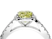 Halo Engagement Ring Setting for Fancy Yellow Cushion Cut Center with Full Pave Band and Prong Head in White Gold