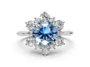 Small-Accent Cluster Halo Engagement Ring Setting for Fancy Blue Round Cut Center with Plain Band and Prong Head in Sterling Silver