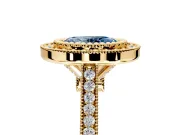 Halo Engagement Ring Setting for Fancy Blue Oval Center with Milgrain Frame, Pave Band and Prong Head in Yellow Gold