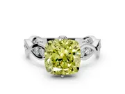 Solitaire Engagement Ring Setting for Fancy Yellow Cushion Cut Center with Accented Twist Band and Leaf Prong Head in Platinum