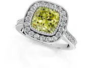 Halo Engagement Ring Setting for Fancy Yellow Cushion Cut Center with Milgrain Frame, Pave Band and Prong Head in White Gold