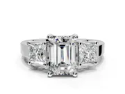 3 Stone Engagement Ring Setting for Emerald Cut Center with Matching Side Accents and Prong Head in Sterling Silver