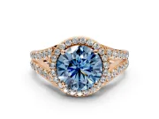 Halo Engagement Ring Setting for Fancy Blue Round Cut Center with Narrow Pave Split Shank and Prong Head in Rose Gold