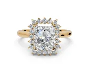 Starburst Halo Engagement Ring Setting for Radiant Cut Center with Thin Round-Wire Band and Prong Head in Yellow Gold