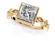 Milgrain Bezel Engagement Ring Setting for Princess Cut Center with Marquise Stations and Bezel Head in Yellow Gold