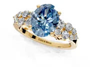 Cluster Engagement Ring Setting for Fancy Blue Oval Center with 2-Row Shoulder Clusters and Prong Head in Yellow Gold