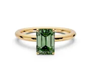 Low-Set Solitaire Engagement Ring Setting for Fancy Green Emerald Cut Center with Thin Plain Band and Prong Head in Yellow Gold