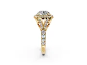 Double Halo Engagement Ring Setting for Round Cut Center with Narrow Pave Split Shank and Prong Head in Yellow Gold