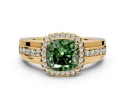 Halo Engagement Ring Setting for Fancy Green Cushion Cut Center with Wide Band, Inlaid Accent Row and Prong Head in Yellow Gold