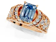 Pave Engagement Ring Setting for Fancy Blue Emerald Cut Center with Curved Accent Rows, Openwork and Prong Head in Rose Gold