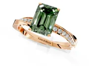 Side Accent Engagement Ring Setting for Fancy Green Emerald Cut Center with Accent Shoulders and Prong Head in Rose Gold