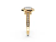 Halo Engagement Ring Setting for Radiant Cut Center with Outer Bezel Rim, Pave Band and Prong Head in Yellow Gold