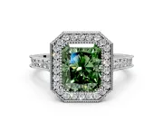 Halo Engagement Ring Setting for Fancy Green Radiant Cut Center with Milgrain Pave Band and Bezel Head in White Gold