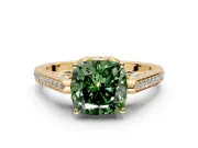 Cathedral Engagement Ring Setting for Fancy Green Cushion Cut Center with Antique-Style Pave Band and Prong Head in Yellow Gold