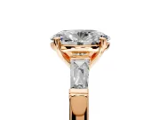 3 Stone Engagement Ring Setting for Oval Center with Tapered Baguettes, Plain Band and Prong Head in Rose Gold