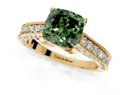 Solitaire Engagement Ring Setting for Fancy Green Cushion Cut Center with Milgrain-Framed Pave Band and Prong Head in Yellow Gold