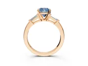3 Stone Engagement Ring Setting for Fancy Blue Cushion Cut Center with Channel Baguette Accents and Prong Head in Rose Gold