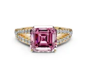 Solitaire Engagement Ring Setting for Fancy Pink Asscher Cut Center with Pave Split Shank and Prong Head in Yellow Gold