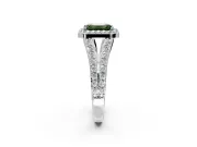 Halo Engagement Ring Setting for Fancy Green Emerald Cut Center with Narrow Pave Split Shank and Prong Head in White Gold