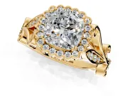 Halo Engagement Ring Setting for Cushion Cut Center with Leaf Motif Split Shank and Prong Head in Yellow Gold