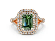 Double Halo Engagement Ring Setting for Fancy Green Emerald Cut Center with Narrow Pave Split Shank and Prong Head in Rose Gold