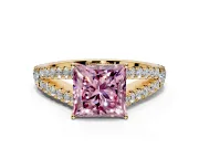 Solitaire Engagement Ring Setting for Fancy Pink Princess Cut Center with Pave Split Shank and Prong Head in Yellow Gold