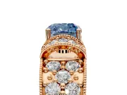 Pave Engagement Ring Setting for Fancy Blue Cushion Cut Center with Curved Accent Rows, Openwork and Prong Head in Rose Gold