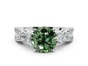 3 Stone Engagement Ring Setting for Fancy Green Round Cut Center with Pave Split Shank and Prong Head in Platinum