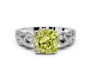 Leaf Engagement Ring Setting for Fancy Yellow Cushion Cut Center with Milgrain Accent Band and Prong Head in Sterling Silver