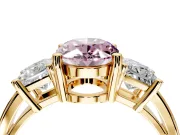 3 Stone Engagement Ring Setting for Fancy Pink Oval Center with Matching Side Accents and Prong Head in Yellow Gold