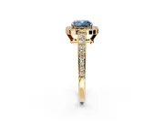 Bezel-Framed Halo Engagement Ring Setting for Fancy Blue Cushion Cut Center with Pave Band and Prong Head in Yellow Gold