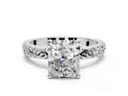Solitaire Engagement Ring Setting for Radiant Cut Center with Scrollwork Band and Prong Head in Platinum