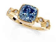Vintage Station Engagement Ring Setting for Fancy Blue Cushion Cut Center with Accents and Prong Head in Yellow Gold