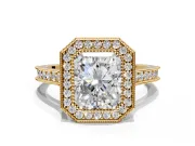 Halo Engagement Ring Setting for Radiant Cut Center with Milgrain Pave Band and Bezel Head in Yellow Gold